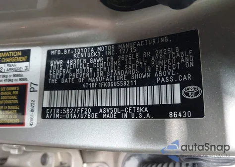 2016 Toyota Camry Se from USA, damaged, VIN 4T1BF1FK0GU558211